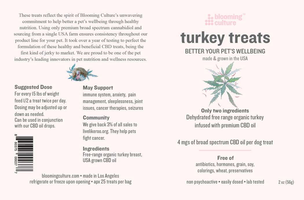 Nutrition label of Blooming Culture organic turkey and CBD dog treats